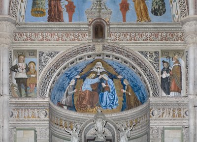 Coroação da Virgem Maria com Deus e o Espírito Santo entre Francesco e Ludovico Sforza, 1500-1522 de Ambrogio da Fossano