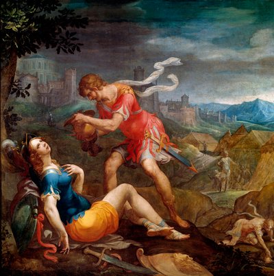 Tancrede baptiza Clorinde Ilustração para o poema "La jerusalem delivree" de Torquato Tasso (conhecido como Le Muche de Ambroise Dubois