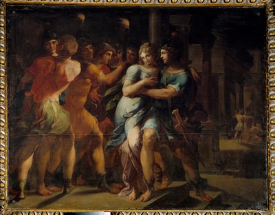 The Abduction of Chariclee by Theagene" Ilustração de "The Ethiopics or History of Love of Theagene and Chariclee" de Heliodore (Heliodoros) de Emese (século IV d.C.). Pintura de Ambroise Dubois (1542-1614) de Ambroise Dubois