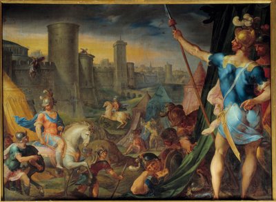 O acampamento dos crois em frente a Jerusalém Da série "Histoire de Tancrede et de Clorinde" ilustrando "La jerusalem delibree" do poeta Le Tasse (Il tasso) Pintura de Ambroise Dubois (1542-1614) Sol. 1,62 x 2,15 m Fontainebleau. Chatea de Ambroise Dubois