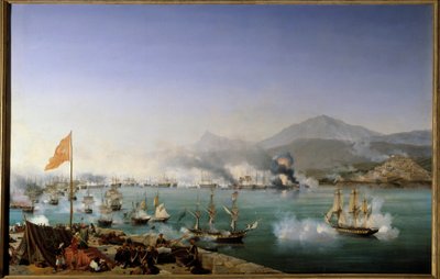 Guerra da Independência da Grécia: "Vista da batalha naval de Navarin em 20/10/1827" Ocorreu na Baía de Navarin (Pylos, Peloponeso ocidental) entre a frota otomana e uma frota franco-anglo-russa. Pintura de Ambroise Louis Garneray (1783-1857) 1831 Sun. 1,7 de Ambroise Louis Garneray