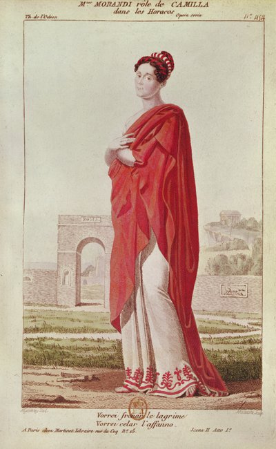 Madame Morandi no papel de Camille, do Ato I Cena 2 de &39;Horatii&39; de Pierre Corneille (1606-84) gravado por Pierre Maleuvre (1740-1803) de Ambroise Louis Garneray