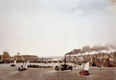 Vista do tráfego fluvial no Sena para Rouen. Aguarela de Ambroise Louis Garneray (1783-1857) Paris do século XIX, B.N. de Ambroise Louis Garneray