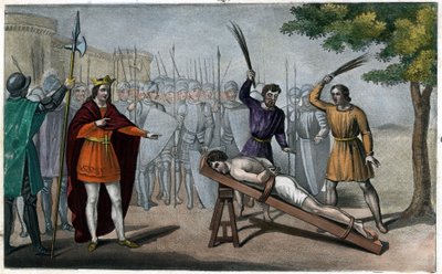O senhor Bodillon é chicoteado depois de se ter queixado do aumento de impostos de Childeric II (653-73) - Childeric II amarrou a um poste e espancou como um escravo um senhor borgonhês chamado Badillon ou Bodillon, por ter ousado apresentar-lhe o perigo d de Ambroise Tardieu