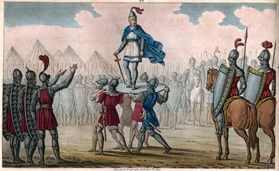 Pharamond I (c370-427), Rei dos Francos. Levantado sobre um escudo pelo seu povo que o elegeu rei - Pharamond, reconhecido pelos franco-salianos e gauleses unidos num só povo, é levantado sobre um escudo e caminha pelo campo em triunfo - Legenda de Ambroise Tardieu