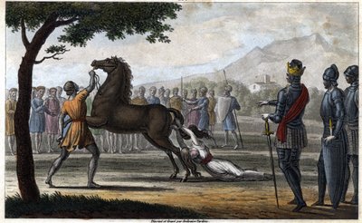 A morte da rainha Brunhilda da Austrália, uma princesa visigótica, casada com o rei Sigebert I da Austrália - Morte de Brunehaut (ou Brunehilde) ordenada por Clotaire (Clothaire) II (613). Arrasto e sepultura por Ambroise Tardieu em 1825. de Ambroise Tardieu