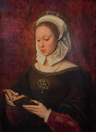 Mulher jovem em oração, lendo um Livro de Horas, c. 1520-1530 (Óleo sobre madeira) de Ambrosius Benson
