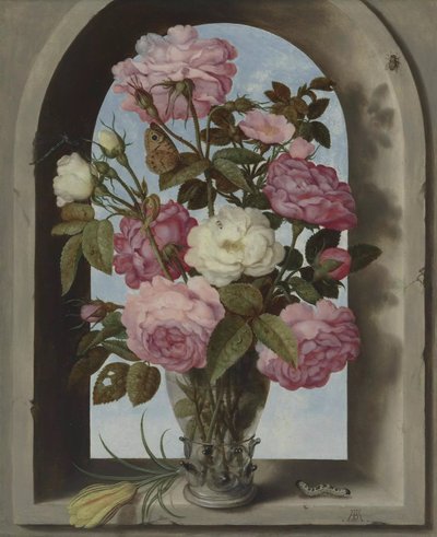 Holandês: Rosas num Roemer, colocadas numa janela com um açafrão e uma lagarta Natureza morta com rosas num vaso de vidro de Ambrosius Bosschaert