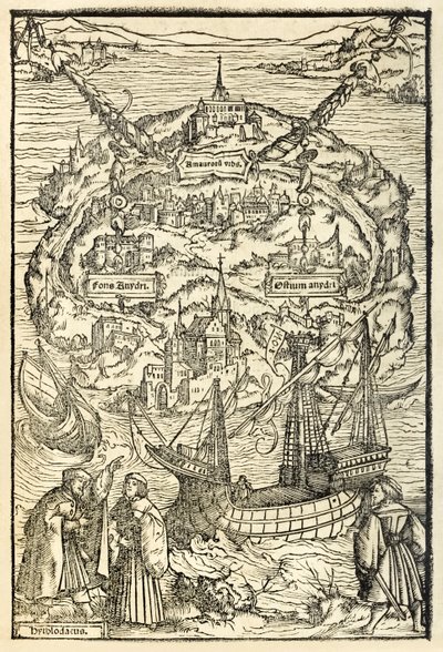 Mapa da Nova Ilha da Utopia de uma edição de 1518 da Utopia por Sir Thomas More (1478-1535), publicado pela primeira vez em 1516. Xilogravura de Ambrosius Holbein (c. 1494-c. 1519) mostrando a ilha com protagonismo de Ambrosius Holbein