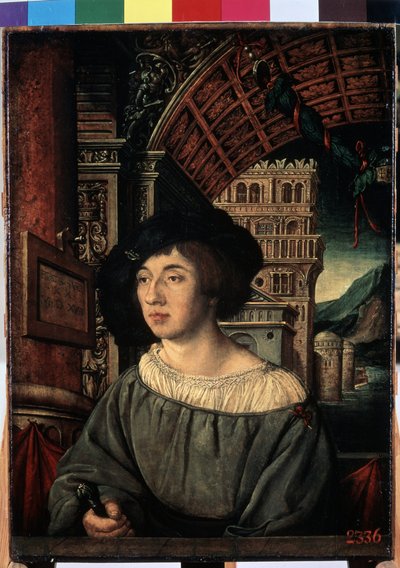 ""Retrato de um jovem"" Personagem de alto escalão, com decoração em estilo renascentista. Pintura de Ambrosius Holbein (1494-cerca de 1520) 1518 Dim. 44x32,5 cm Museu Hermitage, São Petersburgo de Ambrosius Holbein