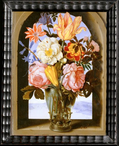 Bouquet de flores num arco de pedra que abre para um ... de Ambrosius II Bosschaert