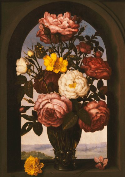 Rosas em um Roemer com um botão de ouro de turbante e um pão de soja em um casement, uma paisagem de rio além, de Ambrosius the Elder Bosschaert