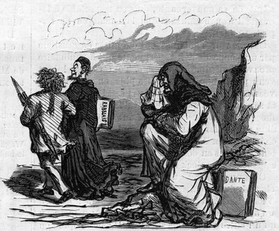 O pobre Dante começa a chorar quando vê Gustave Dore de braço e flecha com aquele pequeno Rabelais. O desenho animado de Cham. Gravura em "Le Monde Illustré" n°821 de 4 de janeiro de Amédée de Noé