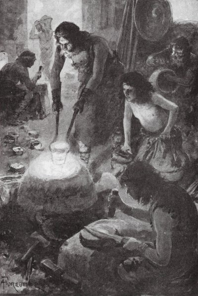 Povos ibéricos a fundir bronze na Grã-Bretanha (litografia) de Amedee (after) Forestier
