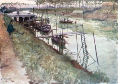 O cais, com enguias e cais de desembarque, Nieuport (litografia a cores) de Amedee (after) Forestier