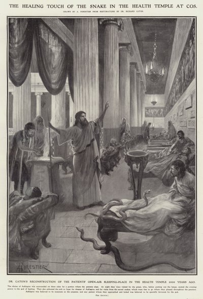 O toque curativo da serpente no templo da saúde em Cos (litho) de Amedee (after) Forestier