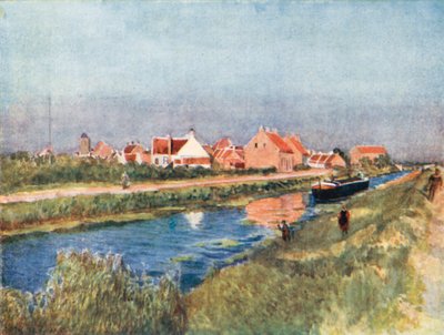 Aldeia e canal, Adinkerque (litografia a cores) de Amedee (after) Forestier