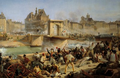 Revolução de 1830, dia de julho: ataque ao hotel de Ville de Paris e luta na ponte de Arcole, 28 de julho de 1830 (óleo sobre tela) de Amédée Bourgeois
