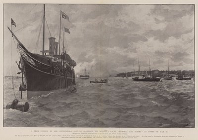 Um Conselho Privado no Mar, Conselheiros que chegam ao lado de Yacht Victoria e Albert em Cowes em 26 de julho de Amedee Forestier