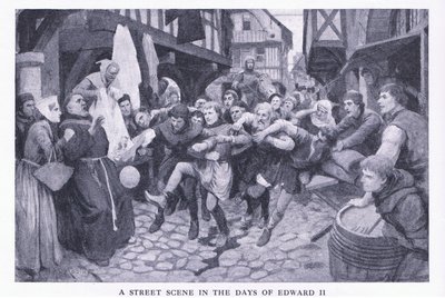 Uma cena de rua nos dias de Edward II, de Cassells História do Povo Britânico publicado pela Waverley Book Company Limited, c.1940 de Amedee Forestier