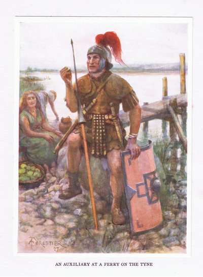 Um auxillary em uma balsa no Tyne, ilustração deThe Roman Soldier, 1928 de Amedee Forestier