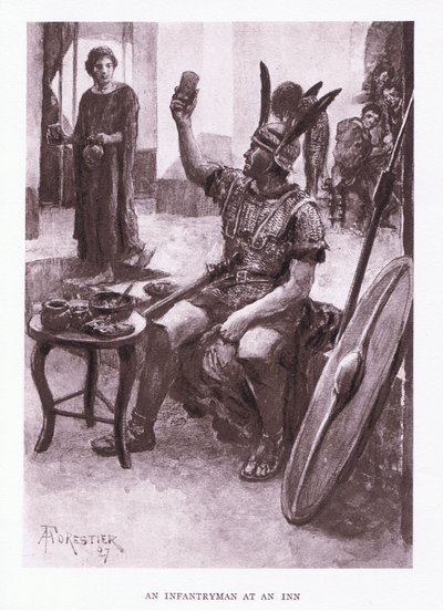Um soldado de infantaria em uma pousada, ilustração de The Roman Soldier, 1928 de Amedee Forestier