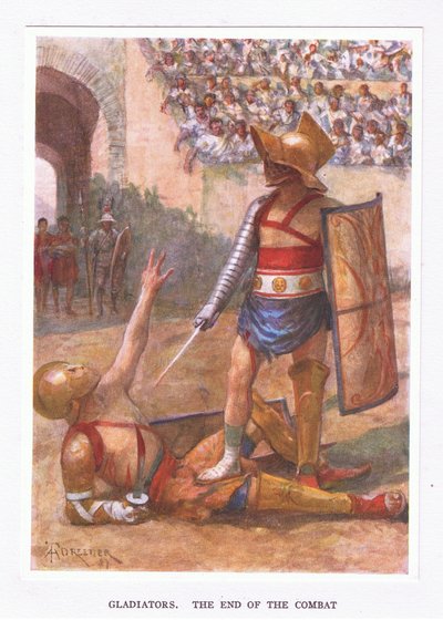 Gladiators, o fim do combate, ilustração de The Roman Soldier, 1928 de Amedee Forestier