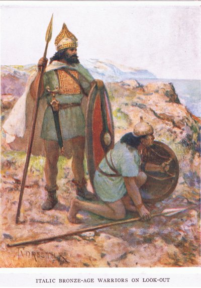 Guerreiros da Idade do Bronze Itálico em alerta, ilustração do 