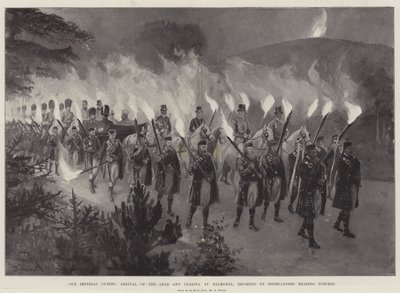 Nossos Convidados Imperiais, Chegada do Czar e Czarina em Balmoral, escoltados por Highlanders com Tochas de Amedee Forestier