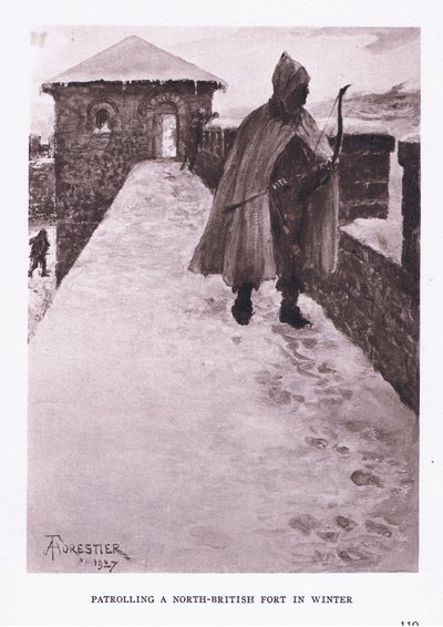 Patrulhando um forte britânico norte no inverno, ilustração do soldado romano, 1928 de Amedee Forestier