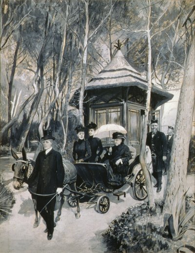 Rainha Victoria montando em uma carruagem de mula com John Brown na assistência (grisaille) de Amedee Forestier