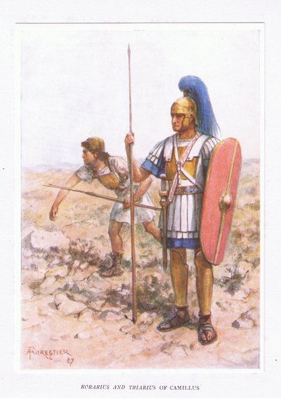 Rorarius e Triarius em Camilla ilustração fromthe Soldado Romano de 1928 de Amedee Forestier
