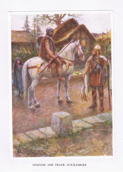 Auxillaries de espanhol e de Frank, ilustração do soldado romano, 1928 de Amedee Forestier