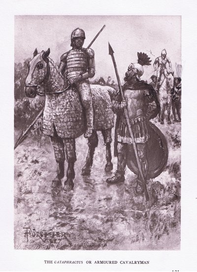 O Cataphractus ou cavaleiro blindado, ilustração de The Roman Soldier, 1928 de Amedee Forestier
