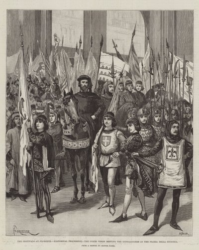 Os Festivais de Florença, a Procissão Histórica, o Conde Verde, encontrando o Gonfaloniere na Piazza della Signoria de Amedee Forestier