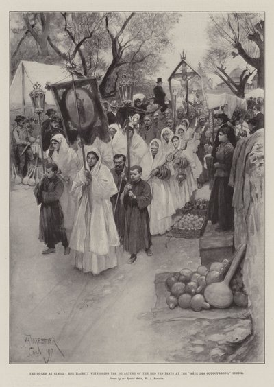 A rainha em Cimiez, Sua Majestade, testemunhando a partida dos penitentes vermelhos na Fete des Cougourdons, Cimiez de Amedee Forestier