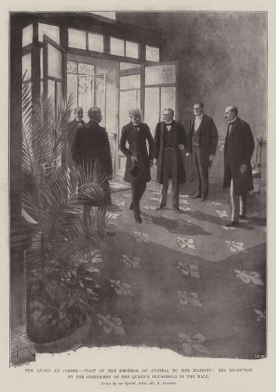 A Rainha em Cimiez, Visita do Imperador da Áustria a Sua Majestade, sua Recepção pelos Cavalheiros da Casa da Rainha no Salão de Amedee Forestier