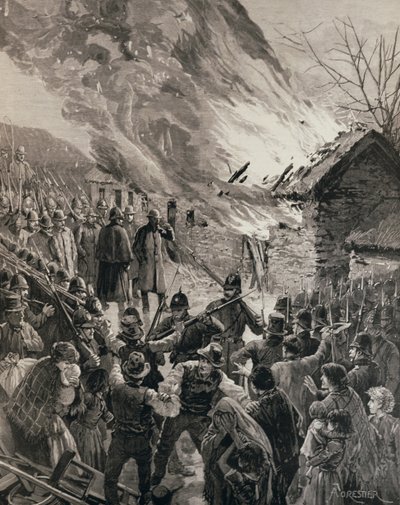 A guerra de aluguel na Irlanda: queimando as casas de inquilinos despejados em Glenbeigh, Condado de Derry, de &39;The Illustrated London News&39;, 29 de janeiro de 1887 de Amedee Forestier