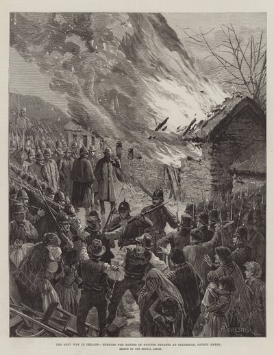 A guerra de aluguel na Irlanda, queimando as casas de inquilinos despejados em Glenbeigh, Condado de Kerry de Amedee Forestier