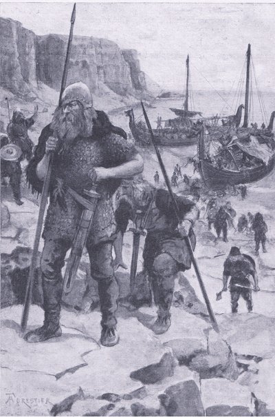 Os Vikings encontram a América, de My Magazine, pub.1922 (litho) de Amedee Forestier