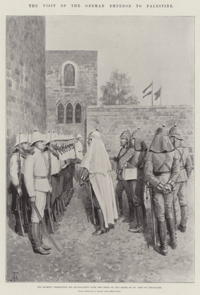 A visita do imperador alemão à Palestina, Sua Majestade apresentando os seus Casacos Azuis com a Cruz da Ordem de S. João de Jerusalém de Amedee Forestier