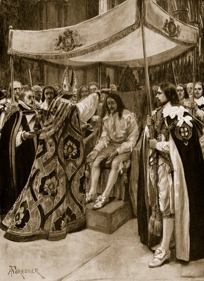 A unção de Carlos I por George Abbot, Arcebispo de Canterbury, na Abadia de Westminster, no Candlemas Day, 1626, de "The Illustrated London News", 1902 de Amedee Forestier