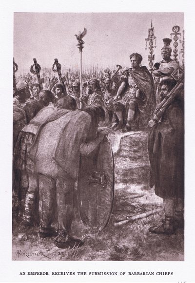 O imperador recebe a submissão de chefes bárbaros, ilustração do soldado romano, 1928 de Amedee Forestier