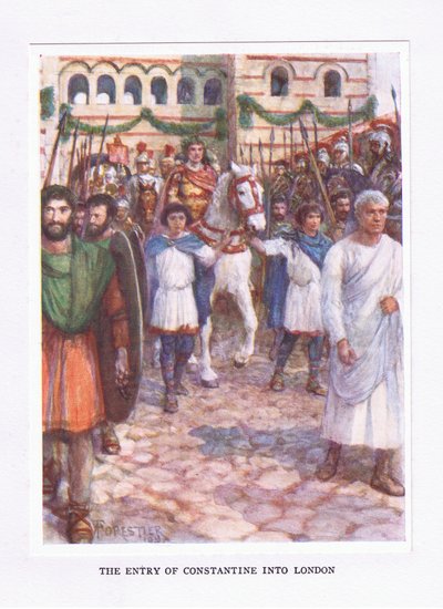 A entrada de Constantino em Londres, ilustração de O Soldado Romano, 1928 de Amedee Forestier
