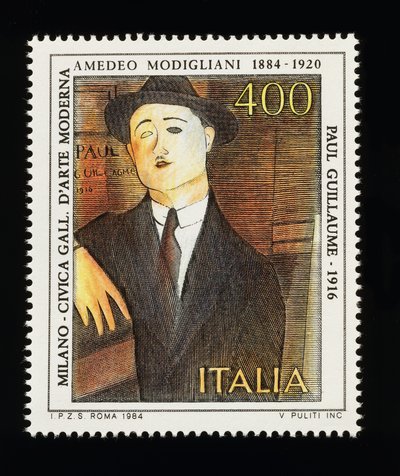 Selo postal da série de arte italiana em homenagem a Amedeo Modigliani (1884-1920), retrato de Paul Guillaume (1916), selo de 400 litros de Amadeo (after) Modigliani