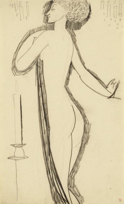 Nu feminino em pé de perfil com vela acesa, c. 1911 de Amedeo Modigliani