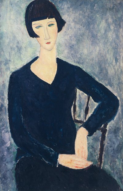 Mulher jovem com uma franja ou mulher jovem sentada em vestido azul de Amedeo Modigliani