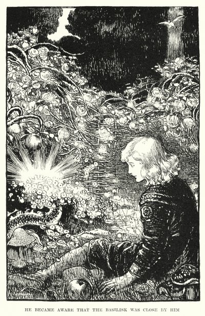 Ele percebeu que o Basilisco estava perto dele (gravura) de Amelia M. (attr.to) Bowerley or Bauerle