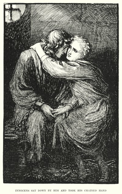 Inocentes sentaram-se ao seu lado e pegaram na sua mão acorrentada (gravura) de Amelia M. (attr.to) Bowerley or Bauerle