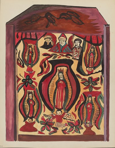 Gravura 32: Nossa Senhora de Guadalupe": Do Portfólio "Desenhos Coloniais Espanhóis do Novo México" de American 20th Century